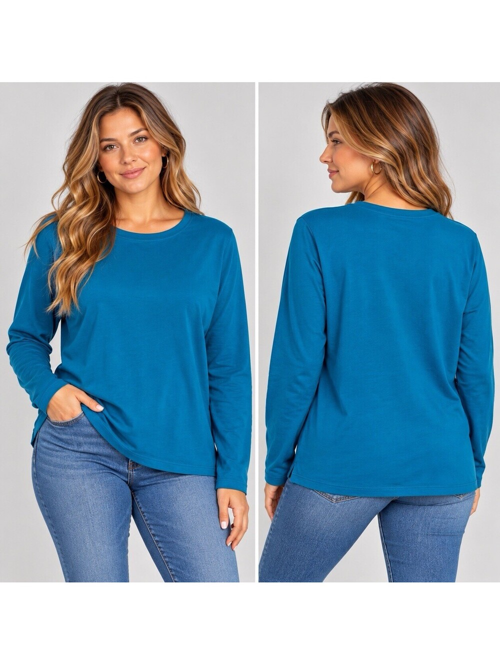 Lands End T-Shirt Women L 14-16 Navy Blue Long Sleeve Cotton Crew Neck 2-Pack